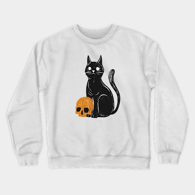 Spooky cat with skull Halloween Crewneck Sweatshirt by ZaikyArt